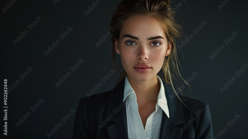 Confident Businesswoman in a Tailored Suit Posing for a Serious Portrait Against a Dramatic Dark Backdrop Confident Businesswoman in a Tailored Suit Posing for a Serious Portrait Against a Dramatic Dark Backdrop