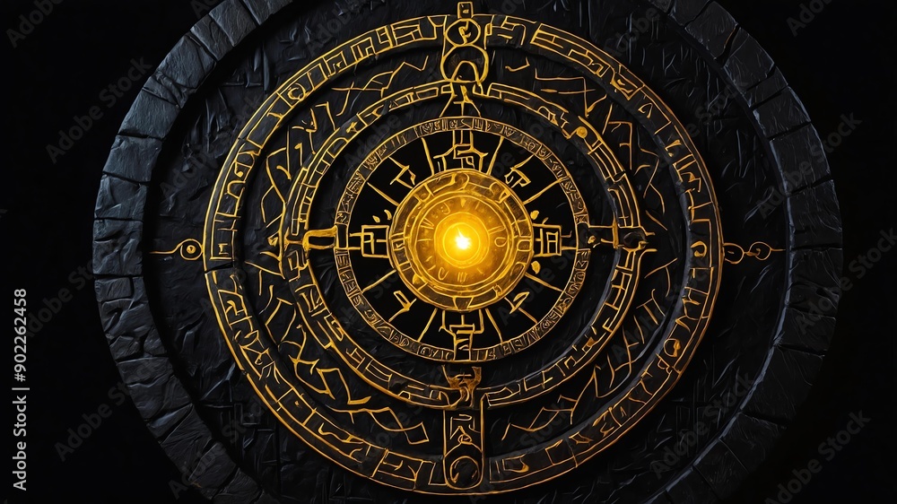 Fototapeta premium top view of an ancient runic magic circle with yellow background