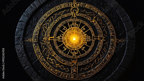 top view of an ancient runic magic circle with yellow background
