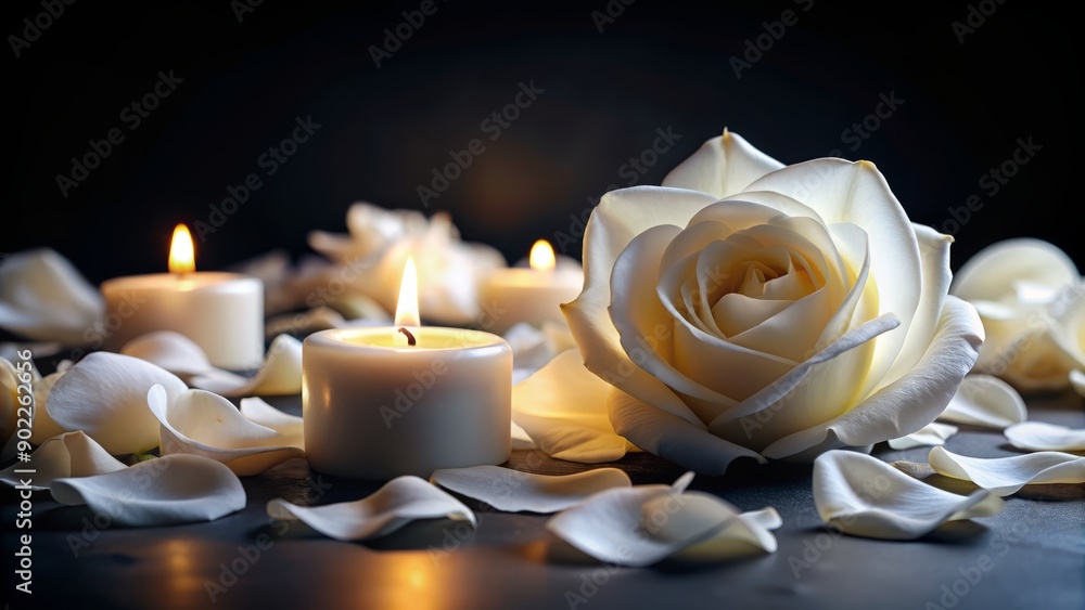 Fototapeta premium Elegant white rose petals softly glow in gentle candlelight against a dramatic black background, providing ample copy space for romantic or luxurious designs.