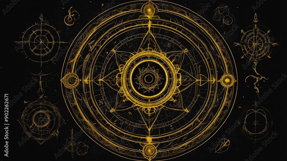 Obraz premium top view of an ancient alchemy magic circle with yello background