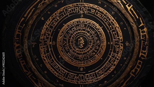 top view of an ancient runic magic circle with gold li background