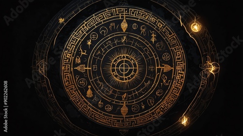 top view of an ancient runic magic circle with gold li background