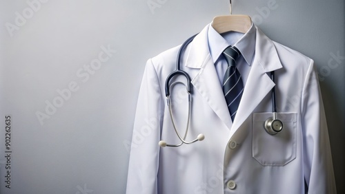 A pristine white lab coat adorned with a stethoscope, symbolizing medical expertise, precision, and care, against a clean and minimalist background, exuding professionalism. photo