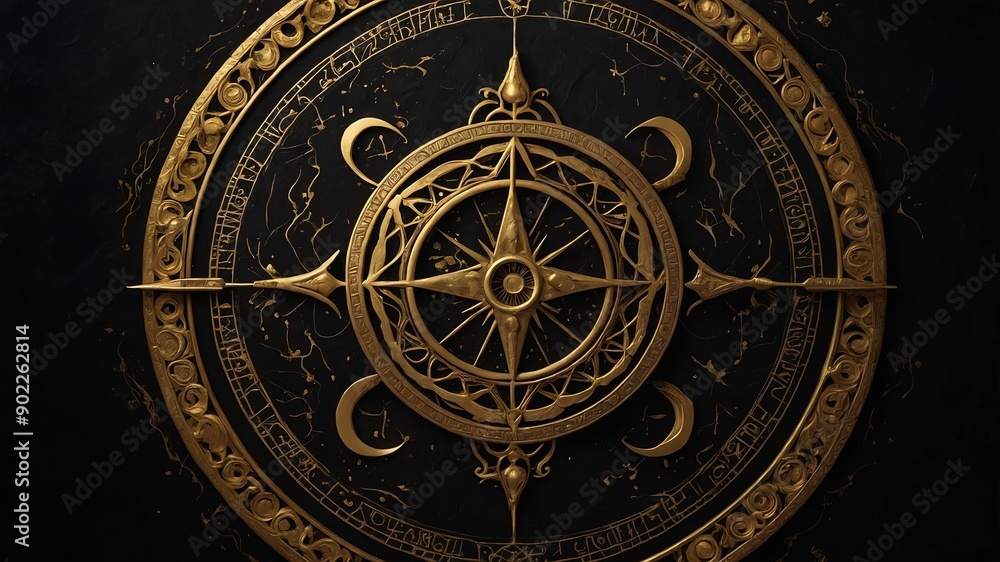 top view of an ancient alchemy magic circle with gold background top view of an ancient alchemy magic circle with gold background