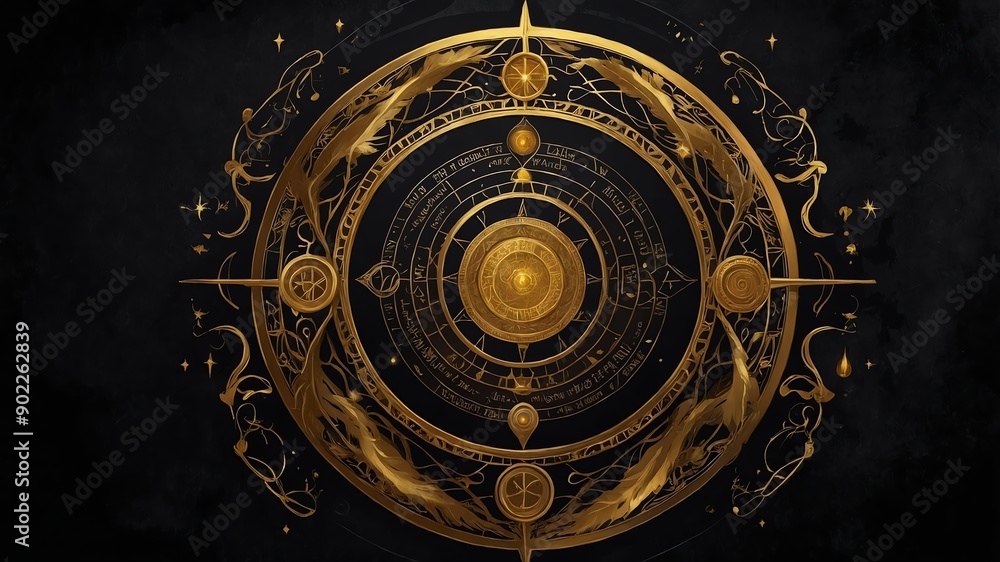 top view of an ancient alchemy magic circle with gold background top view of an ancient alchemy magic circle with gold background