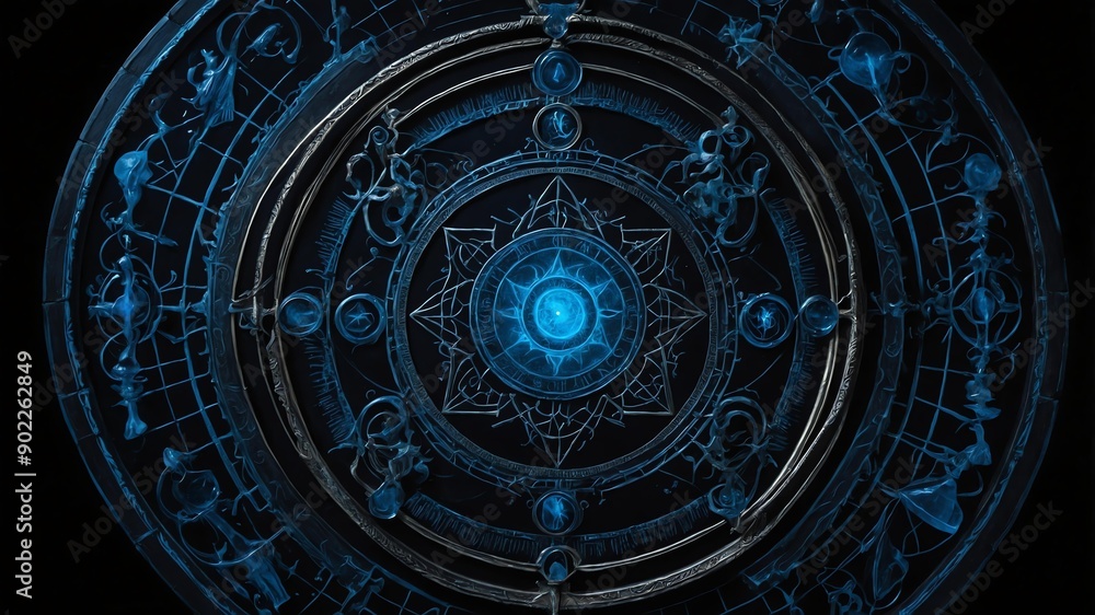 top view of an ancient alchemy magic circle with blue background top view of an ancient alchemy magic circle with blue background