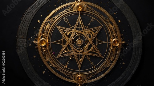 top view of an ancient alchemy magic circle with gold background
