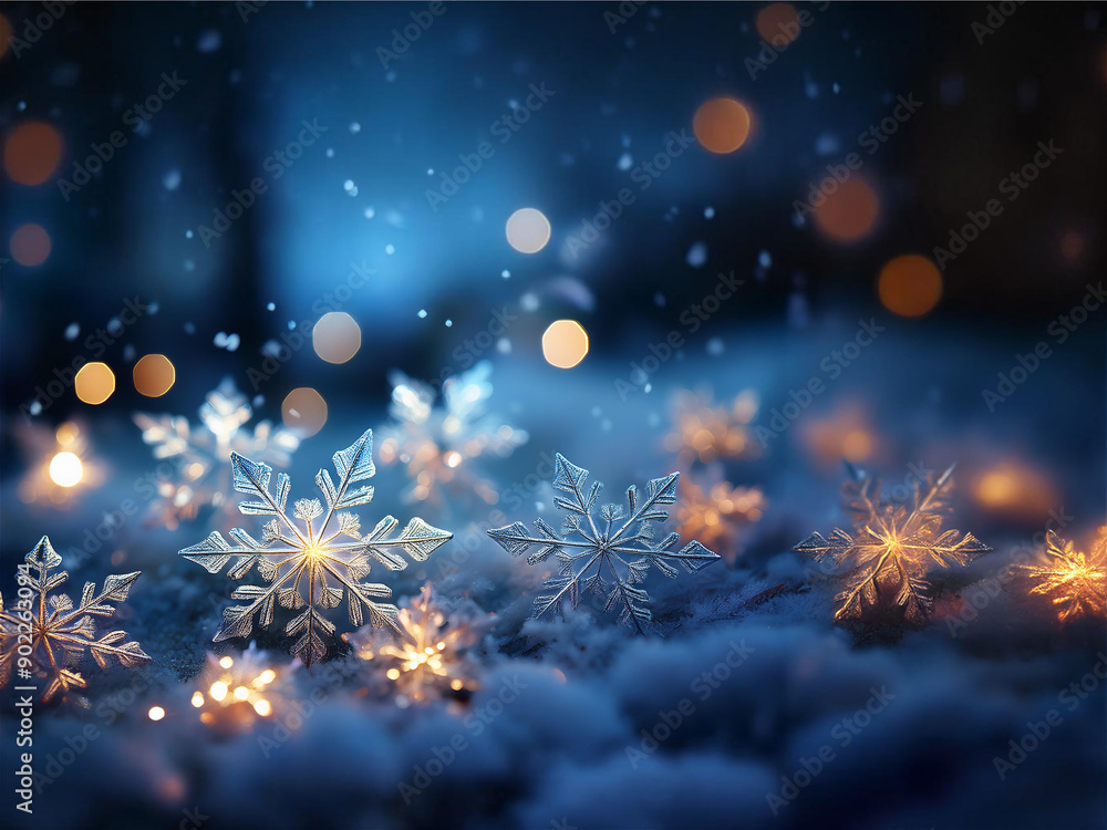 Obraz premium キラキラ輝く雪の結晶と青い夜の背景