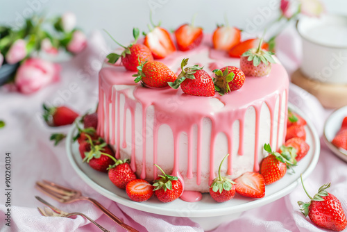 Pink Strawberry Cake with Drip Icing and Fresh Strawberries on Top photo