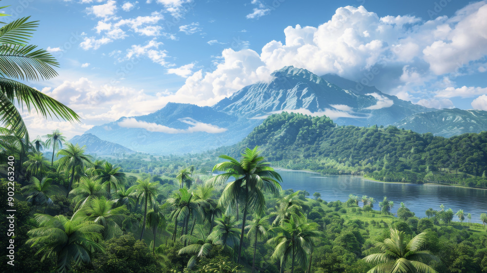 Lush tropical rainforest featuring dense foliage, a river, and a towering mountain under a clear blue sky, illustrating natural beauty and biodiversity. Lush tropical rainforest featuring dense foliage, a river, and a towering mountain under a clear blue sky, illustrating natural beauty and biodiversity.