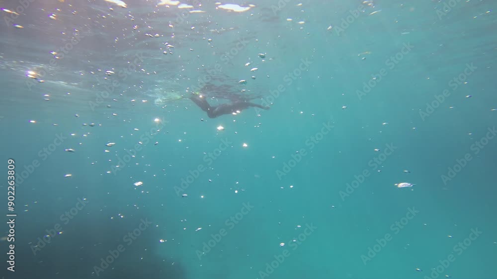 An underwater shot of a snorkeler from below, with the camera moving upwards towards the surface. The swimmer's silhouette against the blue water, surrounded by bubbles, creates a sense of freedom An underwater shot of a snorkeler from below, with the camera moving upwards towards the surface. The swimmer's silhouette against the blue water, surrounded by bubbles, creates a sense of freedom