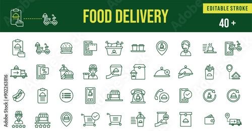 collection of delivery food icons. order restaurant courier burger food chicken with editable lines