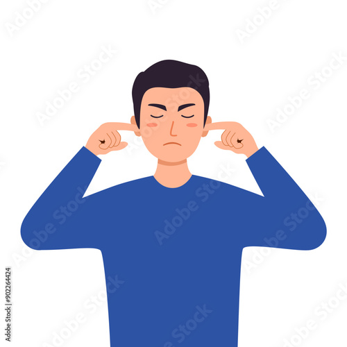 Man covering his ears with fingers, eyes closed. Guy closing or plugging for loud noise.