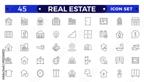 Real Estate minimal thin line web icon set. Included the icons as realty, property, mortgage, home loan and more. Outline icons collection. House, key, buy, sell, loan,  building, address, bedroom