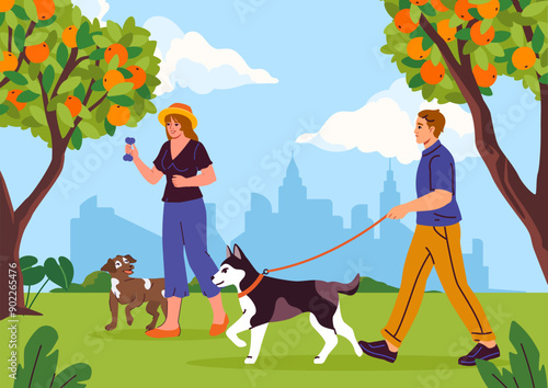 People walk with dogs. Man and woman walking their pets in park in sunny day. Chores and routine. Couple with domestic animals. Owners with puppies. Flat vector illustration