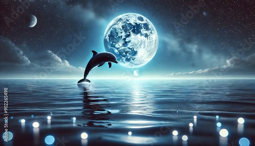  A hyper-realistic ocean night scene with the moon positioned low on the horizon and one dolphin jumping out of the water. The sky is filled with deep