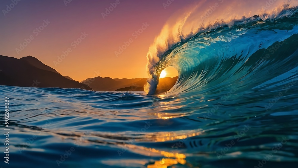 Naklejka premium High-resolution, vibrant photograph capturing a stunning ocean wave from inside the barrel. 