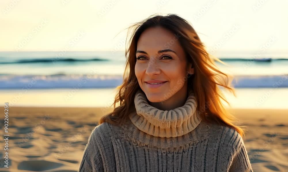 Group portrait video of a satisfied woman in her 30s wearing a cozy sweater against a beach background Group portrait video of a satisfied woman in her 30s wearing a cozy sweater against a beach background