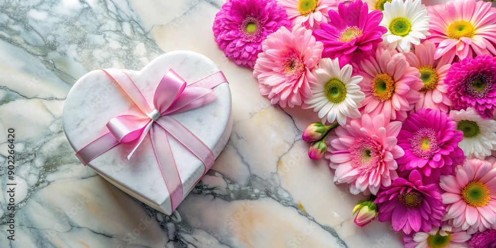 Delicate pink flowers bloom on a heart-shaped background, surrounding a white gift box, amidst a vibrant, colorful, natural stone pattern, perfect for birthday or Mother's Day celebrations. Delicate pink flowers bloom on a heart-shaped background, surrounding a white gift box, amidst a vibrant, colorful, natural stone pattern, perfect for birthday or Mother's Day celebrations.