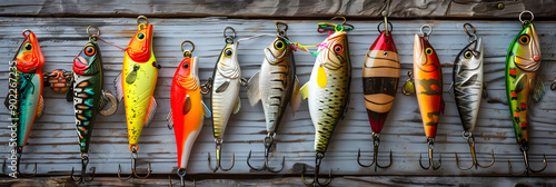 Brightly colored fishing lures on rustic wooden background photo