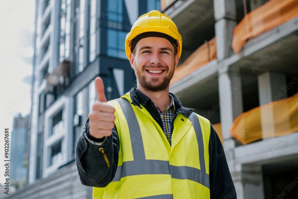 Smiling Male Engineer Giving Thumbs Up in Uniform Against Urban Background Smiling Male Engineer Giving Thumbs Up in Uniform Against Urban Background