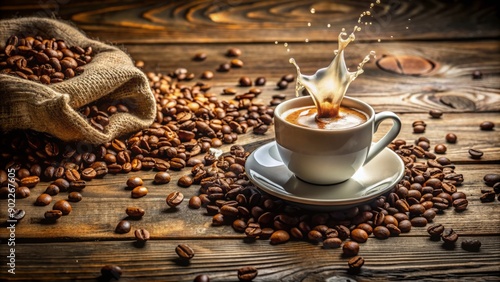 Freshly brewed coffee cup with milk splash, surrounded by scattered coffee beans on a rustic wooden table, warm and cozy morning atmosphere. photo