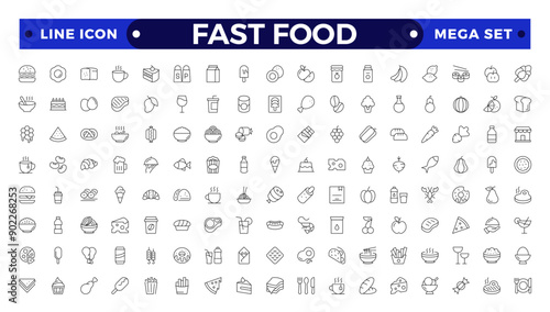 fast food outline icons. Fast food vector icon line set. Burger sandwich pizza hot dog cola coffee sweets