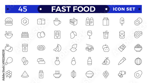 fast food outline icons. Fast food vector icon line set. Burger sandwich pizza hot dog cola coffee sweets