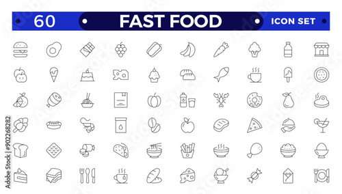 fast food outline icons. Fast food vector icon line set. Burger sandwich pizza hot dog cola coffee sweets