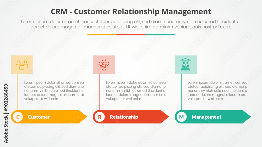 CRM customer relationship management infographic concept for slide presentation with rectangle arrow and banner on header top with 3 point list with flat style CRM customer relationship management infographic concept for slide presentation with rectangle arrow and banner on header top with 3 point list with flat style