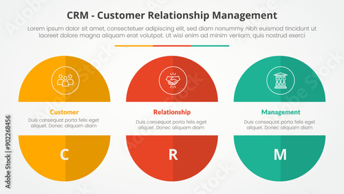CRM customer relationship management infographic concept for slide presentation with big circle cut truncated half slice with 3 point list with flat style