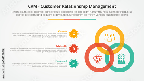 CRM customer relationship management infographic concept for slide presentation with big circle blending connection with 3 point list with flat style