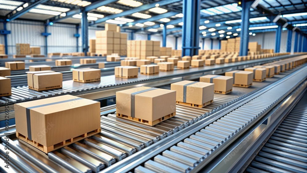 Multiple cardboard box packages of varying sizes glide effortlessly along a fast-paced conveyor belt in a well-organized, modern warehouse with a clean, industrial aesthetic.