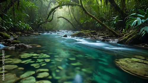 Tropical Rainforest River Animation. Winding Through Dense Jungle Vegetation with Clear Water Reflecting the Lush Greenery. Discover the Serene Beauty of Rainforest Rivers in This Dynamic Video. photo