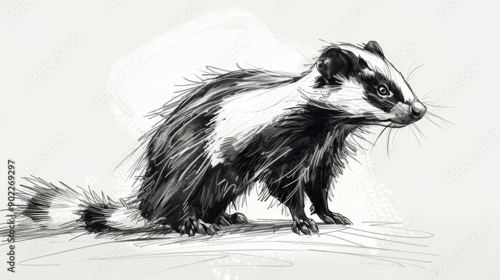 Monochrome sketch of a badger, highlighting its distinctive markings and fur texture in a detailed, artistic style.