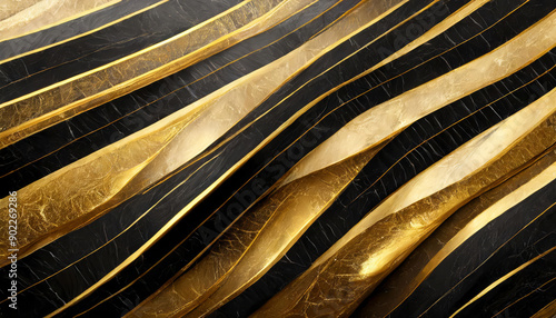 Abstract luxurious porcelain wall or marble stone surface texture, background or wallpaper, with black color, straight and wavy luxury gold stripes and elegant golden lines.