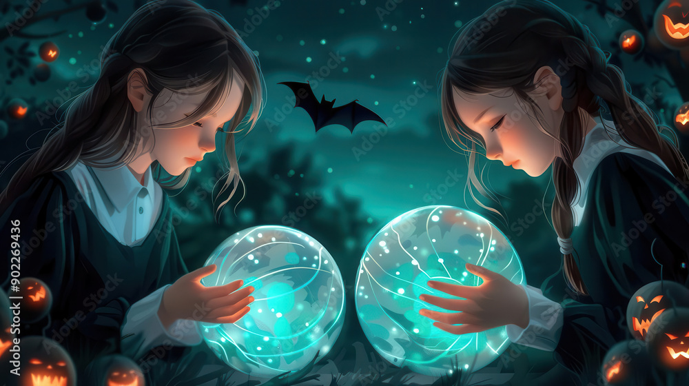 Naklejka premium Girls in dark attire, bat circling above, eerie ornaments glowing, haunted atmosphere, Fantasy, Digital Painting, Dramatic lighting