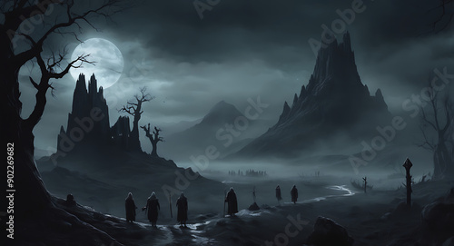 A dark and atmospheric digital illustration of Helheim, the Norse realm of the dead, with eerie landscapes and ghostly figures, representing the afterlife, with space for text. photo