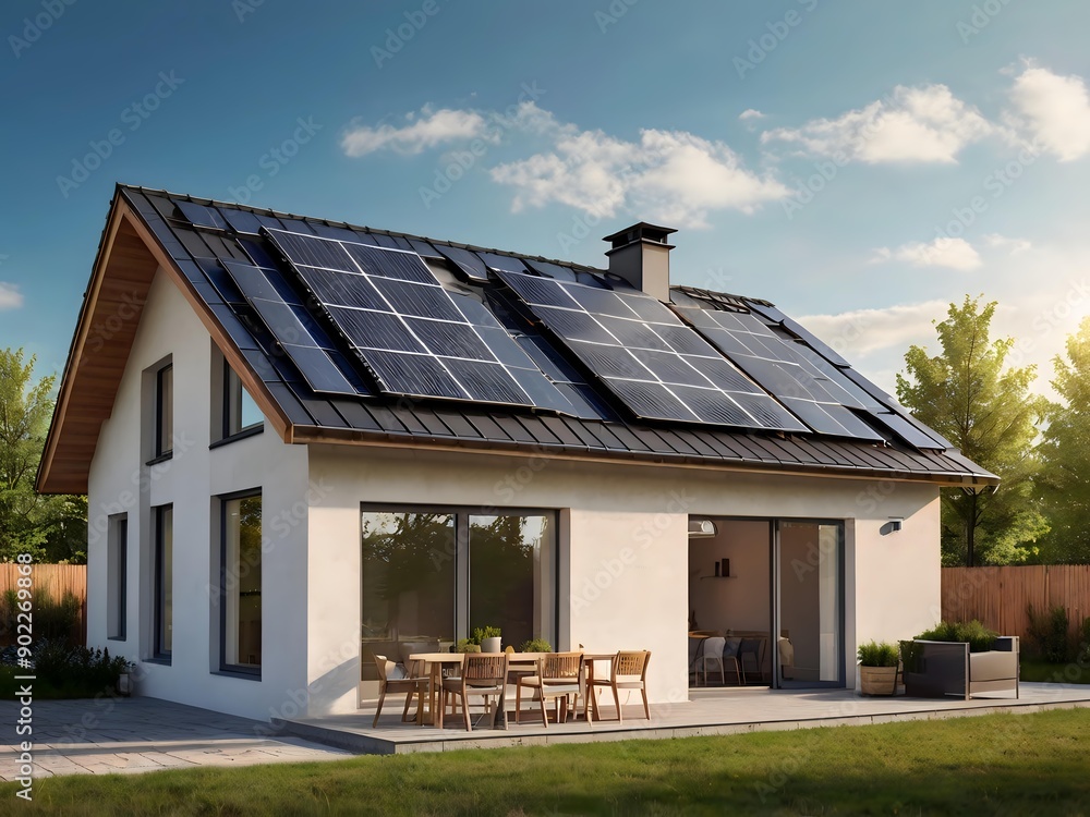Close-up of a new suburban house with a photovoltaic system on the roof. Simple and modern environmentally friendly house with solar panels on the gable roof, with sunlight during the day Close-up of a new suburban house with a photovoltaic system on the roof. Simple and modern environmentally friendly house with solar panels on the gable roof, with sunlight during the day