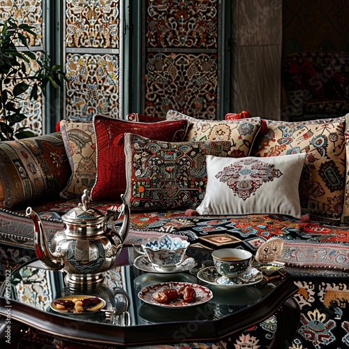 Iconic Abrian fabric is graced with sybbols of Arabia, in particular Arabic tea and dates, they symbolise Arabian hospitality photo