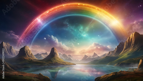 A vibrant digital illustration of Bifröst, the Norse rainbow bridge connecting Asgard and Midgard, with brilliant colors and celestial effects, with space for text. photo