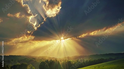 sunset over the field. sun shining through clouds