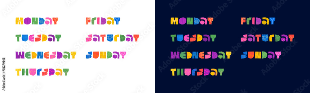 All week days abstract decorative inscription concept. Modern colorful graphic shapes word lettering for planer. Calendar schedule trendy creative text. Bright weekday and weekend badge collection All week days abstract decorative inscription concept. Modern colorful graphic shapes word lettering for planer. Calendar schedule trendy creative text. Bright weekday and weekend badge collection