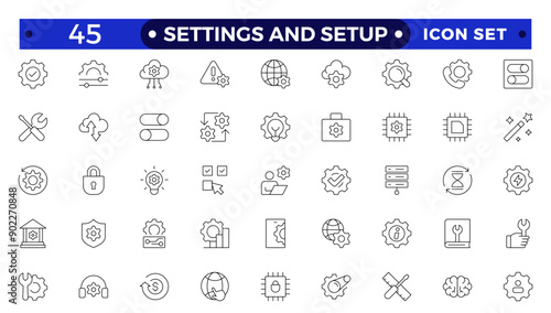 Settings and setup icon set. Containing options, configuration, preferences, adjustments, operation, gear, control panel, equalizer, optimization and setup icons. Thin line icon collection.