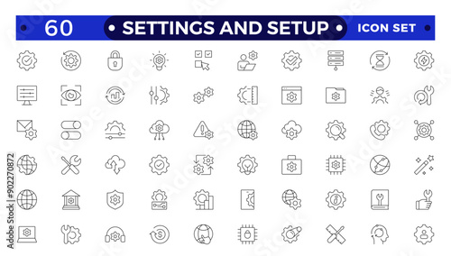 Settings and setup icon set. Containing options, configuration, preferences, adjustments, operation, gear, control panel, equalizer, optimization and setup icons. Thin line icon collection.