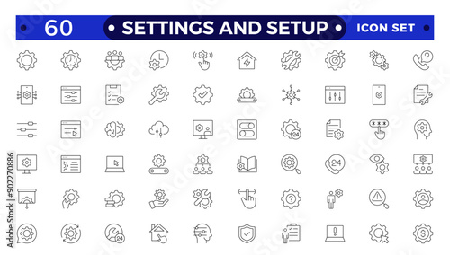 Settings and setup icon set. Containing options, configuration, preferences, adjustments, operation, gear, control panel, equalizer, optimization and setup icons. Thin line icon collection.