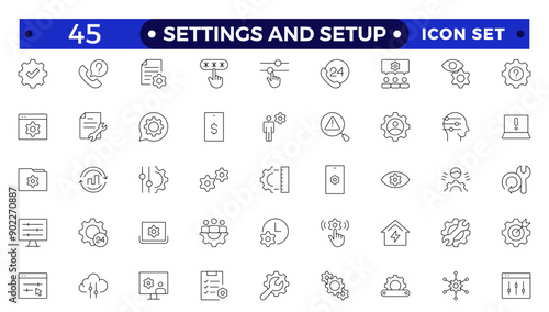 Settings and setup icon set. Containing options, configuration, preferences, adjustments, operation, gear, control panel, equalizer, optimization and setup icons. Thin line icon collection.