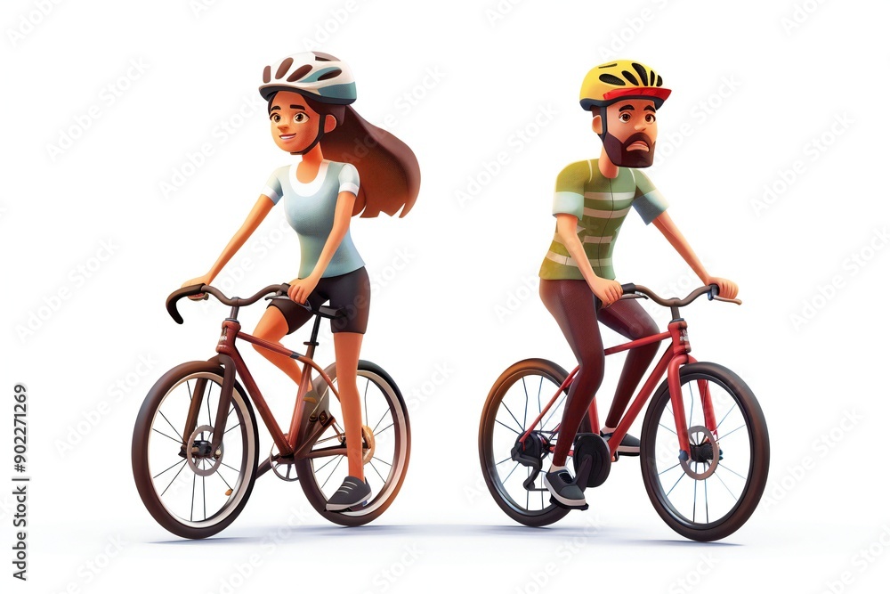 Male and female cyclists characters with bicycles and helmets. Cartoon 3D illustration set of man and woman riding bike, generated by ai Male and female cyclists characters with bicycles and helmets. Cartoon 3D illustration set of man and woman riding bike, generated by ai