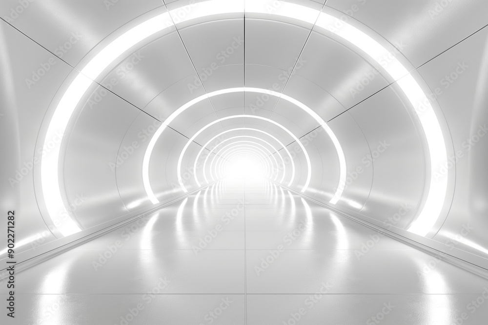 Fototapeta premium A futuristic white hallway with a glowing LED light, circle tunnel LED light hallway corridor.
